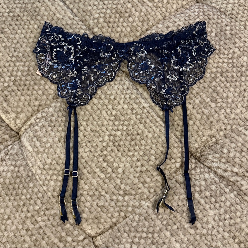 Victoria's Secret Allure Shine Ensign Blue Lace Garter Belt